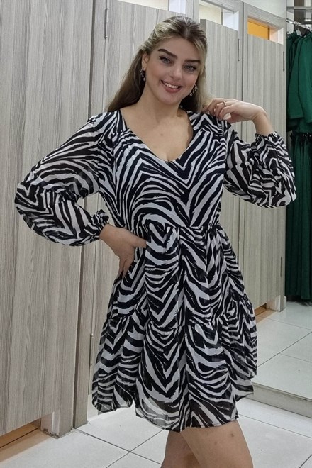1088Ç Zebra Desen Şifon Elbise
